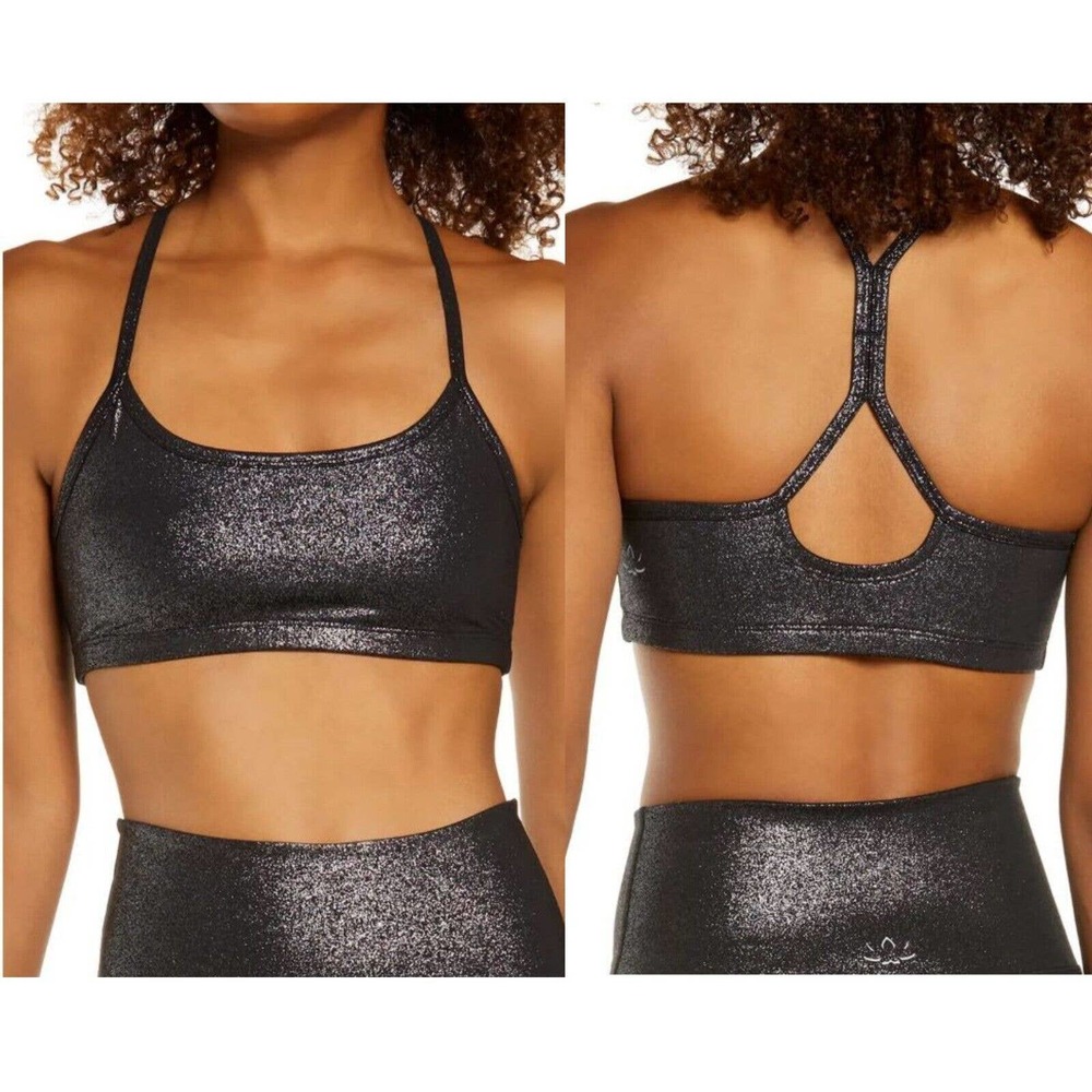 Beyond Yoga Women's Black/Silver Twinkle Slim Racerback Sports Bra Size S